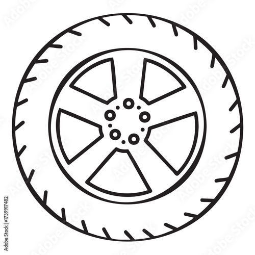 Black outline icon of a circular car tire with detailed tread pattern and central hubcap design.