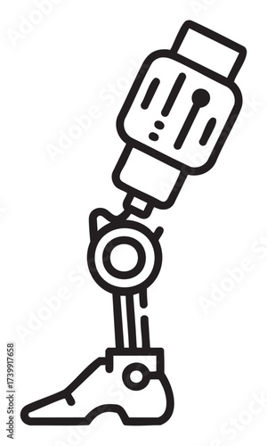 Black outline icon of a prosthetic leg with a mechanical foot and knee joint, representing medical and technological advancements.