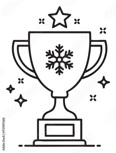 Black outline vector icon of a trophy cup with a snowflake emblem and a star on top, symbolizing achievement and excellence.