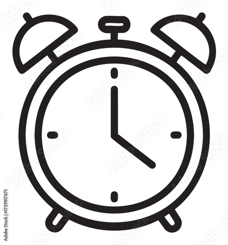 Black outline vector icon of a classic twin-bell alarm clock with minute and hour hands. simple linear design for timekeeping and punctuality concepts.