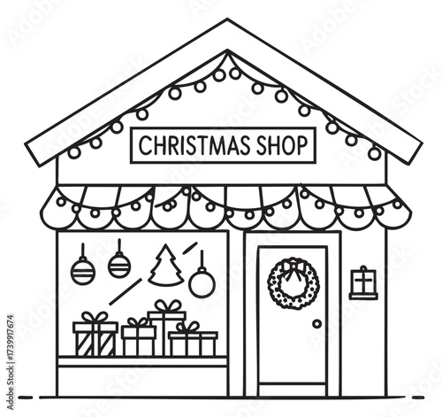 Black outline of a quaint christmas shop adorned with festive decorations, including a wreath, garlands, and a display window with ornaments and gift boxes.