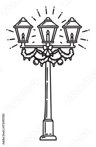 Black outline drawing of a classic triple-headed street lamp adorned with festive garlands and lights, emitting a warm ambiance.