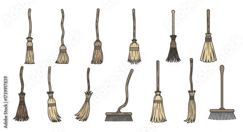 Collection of various illustrated brooms on a white background.