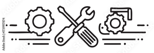 Black outline icon of a crossed screwdriver and wrench surrounded by two gears, symbolizing tools and mechanical maintenance.