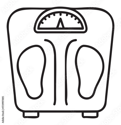 Black outline icon of a classic analog bathroom scale with a dial indicator and footpads. simple and minimalistic illustration for weight and health concepts.