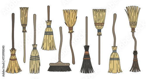 Set of various handdrawn brooms and besoms for cleaning or Halloween.