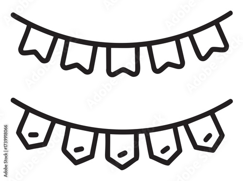 Black outline icon of two garland strings with triangular and pentagonal flags for decoration themes.