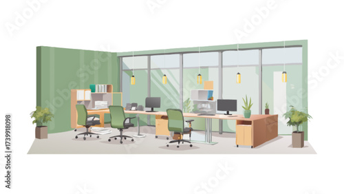 Illustration of a modern office space with desks chairs computers and potted plants in a bright room