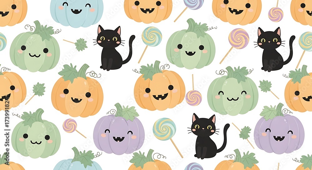 Obraz premium Adorable Halloween Pattern with Cute Black Cats and Kawaii Pumpkins