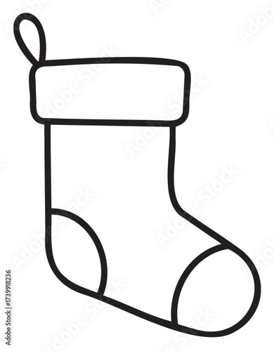 Black outline drawing of a simple christmas stocking with a loop for hanging, suitable for holiday decoration and celebration themes.