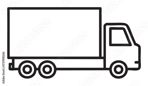 Simple black outline icon of a box truck with a rectangular cargo area and dual rear wheels.