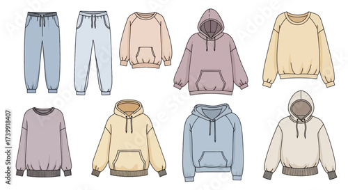 Set of vector fashion illustrations of casual loungewear including hoodies sweatshirts and sweatpants.
