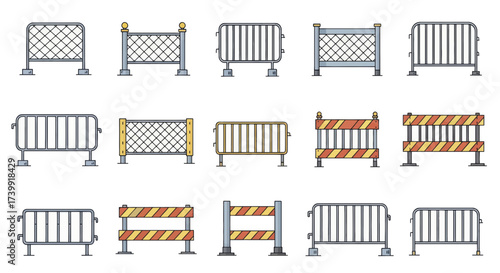 Set of various crowd control barriers and temporary fences.