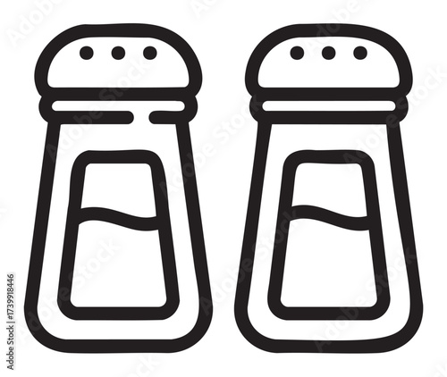 Black outline icon of salt and pepper shakers with simple, minimalist design elements.
