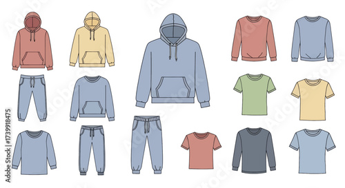 Vector illustration set of casual clothing templates Hoodies sweatshirts tshirts and joggers in various colors for fashion design mockups.
