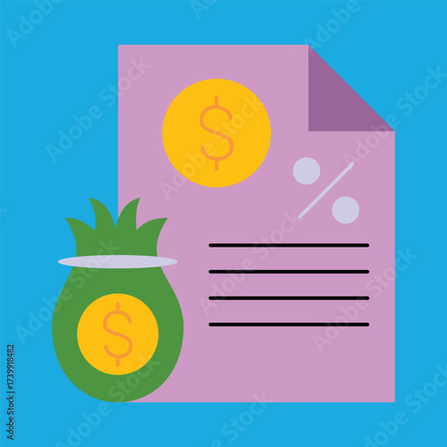 Financial document and money bag graphic. Features percentage and dollar coins. Symbolizes savings, loans, investments, contracts, and wealth management concepts
