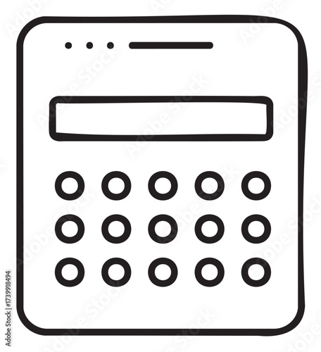 Black outline vector icon of a simple calculator with a rectangular display and circular buttons. minimal linear illustration for business and calculation concepts.