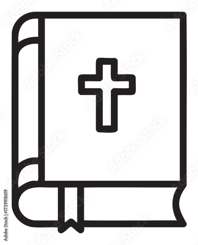 Black outline icon of a closed bible with a prominent cross on the cover, featuring a visible bookmark at the bottom.