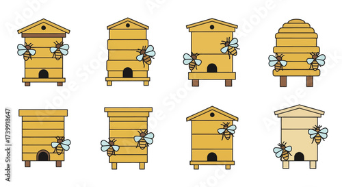 Set of cute cartoon beehives with bees illustration.