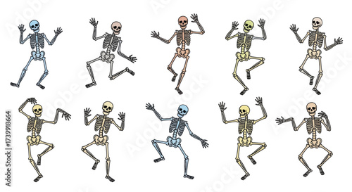 Set of ten colorful cartoon skeletons dancing joyfully.