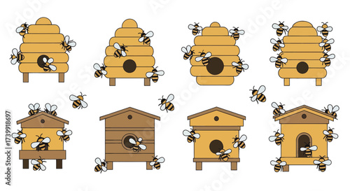 Set of cute cartoon beehives and honey bees illustration.