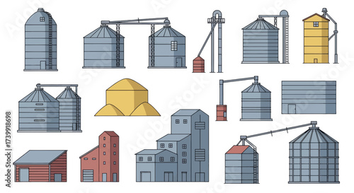 Collection of agricultural buildings including silos and granaries vector illustration set.