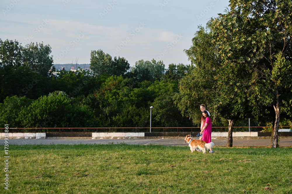Fototapeta premium Couple enjoying a summer walk with their dog in the park, surrounded by green trees and nature. Side view portrait of happy young family