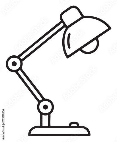 Black outline icon of an adjustable desk lamp with a circular base and an angled arm. minimalist linear design for home and office concepts.