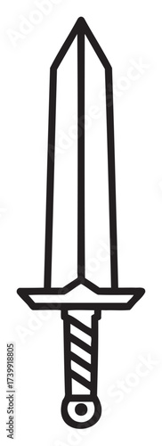 Black outline of a simple sword with a straight blade and a crossguard handle. minimal linear depiction for medieval and weaponry concepts.