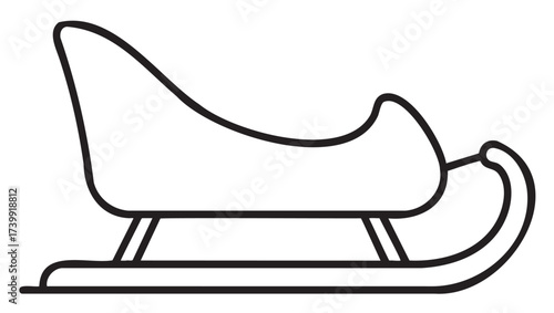 Black outline of a simple sleigh with runners and a curved front. basic linear design ideal for winter and holiday themes.