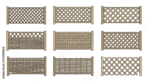 Collection of various wooden garden fence panels and trellises.