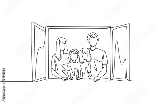 Single continuous line drawing a family in front of an open window. The appearance of an example of a happy, harmonious family. Compactness. Global Day of Parents. One line design vector illustration