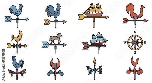 Colorful weathervane icons set with various designs.
