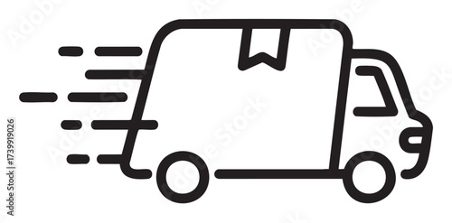 Black outline icon of a delivery van with speed lines and a package symbol, representing fast shipping and logistics.