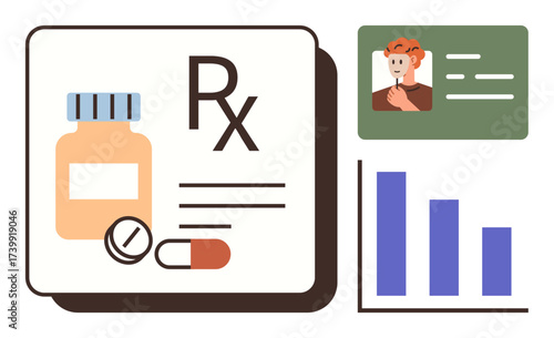 Medicine bottle, pills, Rx sign, patient ID, and bar graph for data analysis. Ideal for healthcare, medical records, pharmacy analytics patient care prescriptions data visualization. Simple flat