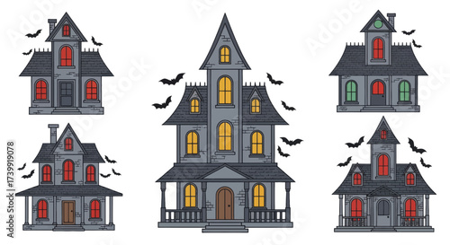 Collection of spooky haunted houses and mansions with bats for Halloween celebration.
