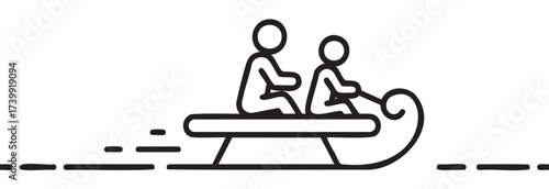 Black outline vector icon depicting two stick-figure people sledding on a traditional sled, suggesting fun, winter activity, and outdoor recreation.