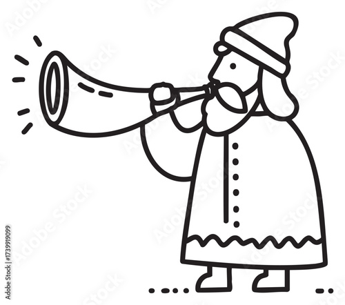 Black outline vector icon of a person blowing a horn, wearing a winter hat and coat, suggesting a historical or festive theme.