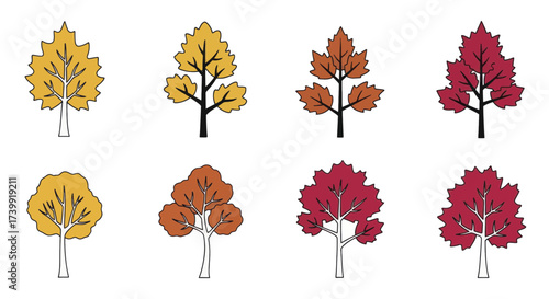 Collection of colorful stylized autumn tree icons.