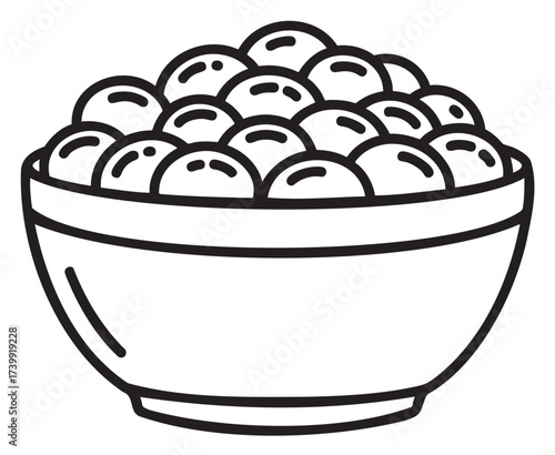 Black outline vector icon of a simple bowl filled with round cereal pieces, depicting a breakfast concept.