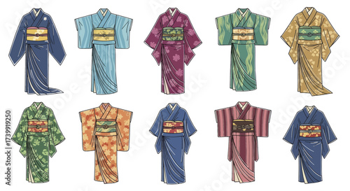 A diverse collection of traditional Japanese kimono illustrations.