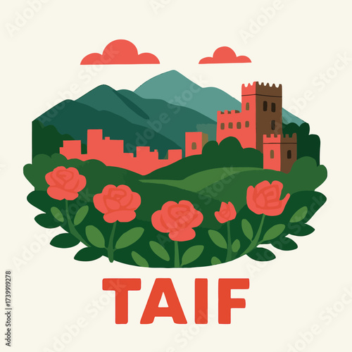 Taif, Saudi Arabia city illustration, Taif skyline artwork, Arabian cityscape design, Middle East 