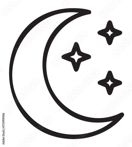 Black outline icon of a crescent moon accompanied by three stars, representing night and celestial themes.