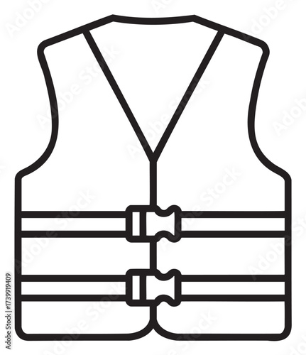 Black outline vector icon of a life jacket with adjustable straps, designed for water safety and personal flotation.