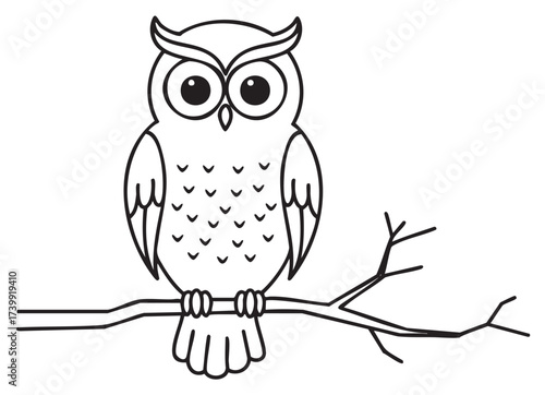 Black outline drawing of an owl with large eyes perched on a branch. simple linear art for wildlife and nature themes.