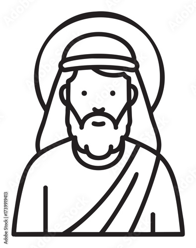 Black outline icon of a bearded middle eastern man with a halo, wearing a headscarf and robe, representing a spiritual or religious figure.