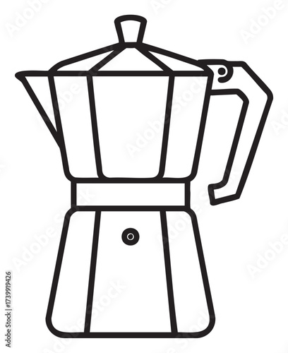 Black outline image of a classic stovetop espresso maker with distinctive angular lines and a side handle.