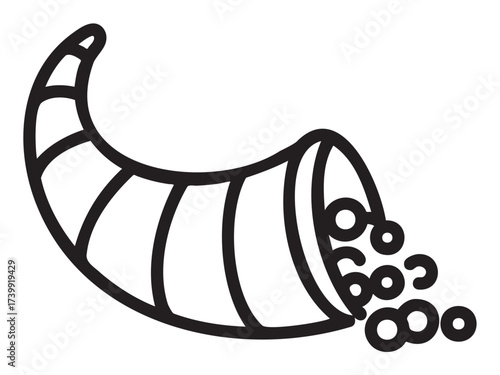 Black outline vector icon of a simple cornucopia with scattered round fruits. minimal linear illustration for harvest, thanksgiving, and abundance concepts.