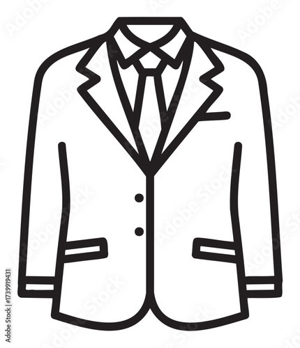 Black outline icon of a formal men's suit jacket with a tie, featuring a classic design with a notched lapel and two buttons.