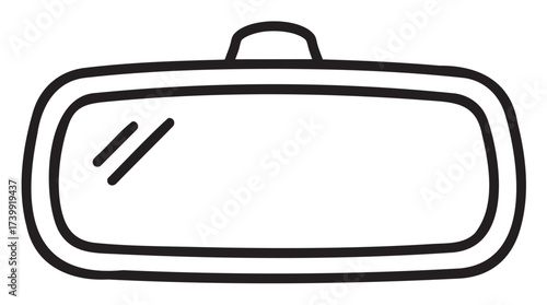 Black outline drawing of a simple rectangular car rearview mirror with a slight curve and a mount at the top center.